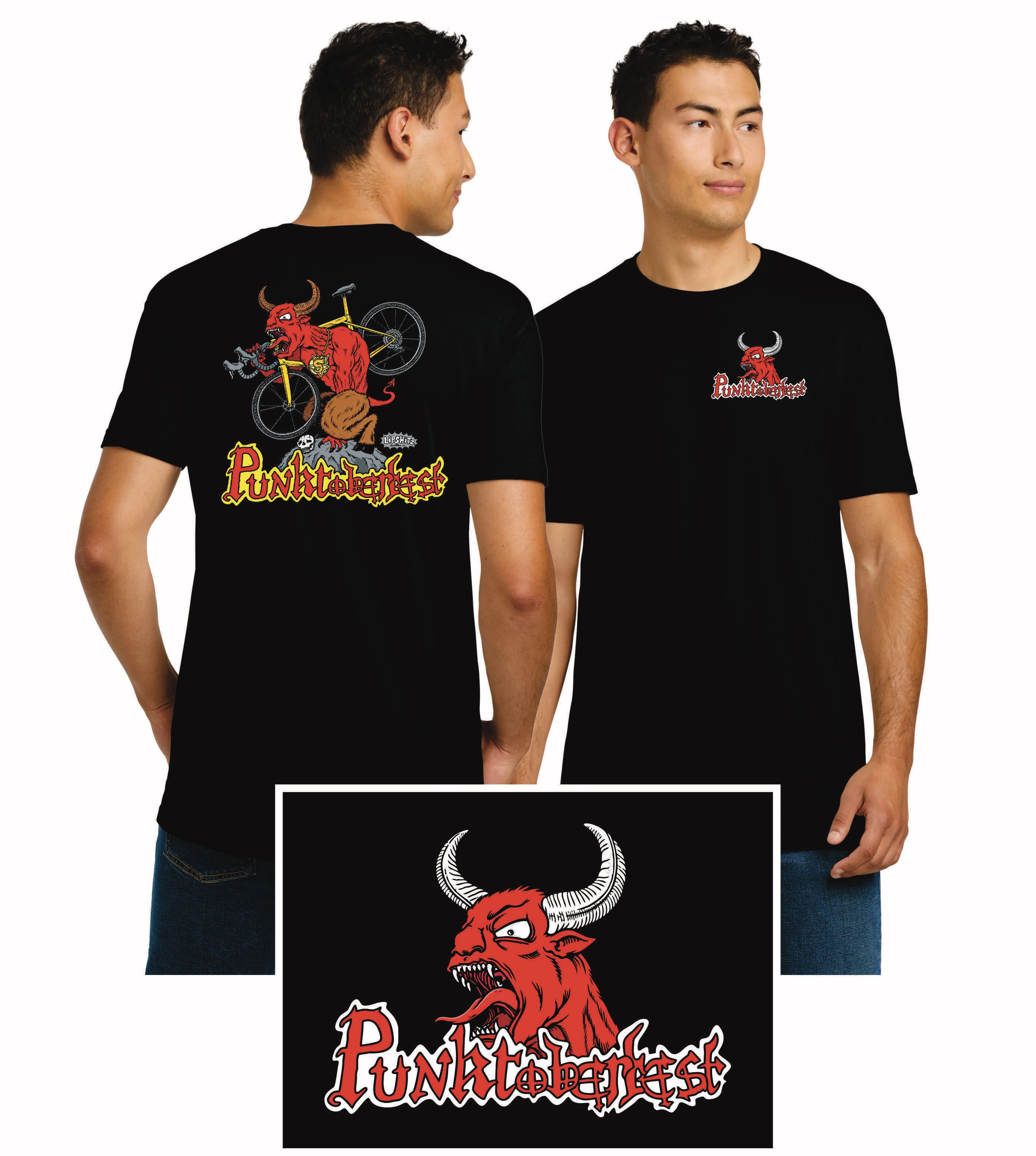 Front and back of the black Punktoberfest T-shirt, featuring a red devil carrying a mountain bike on the back and a smaller devil and event logo on the chest.